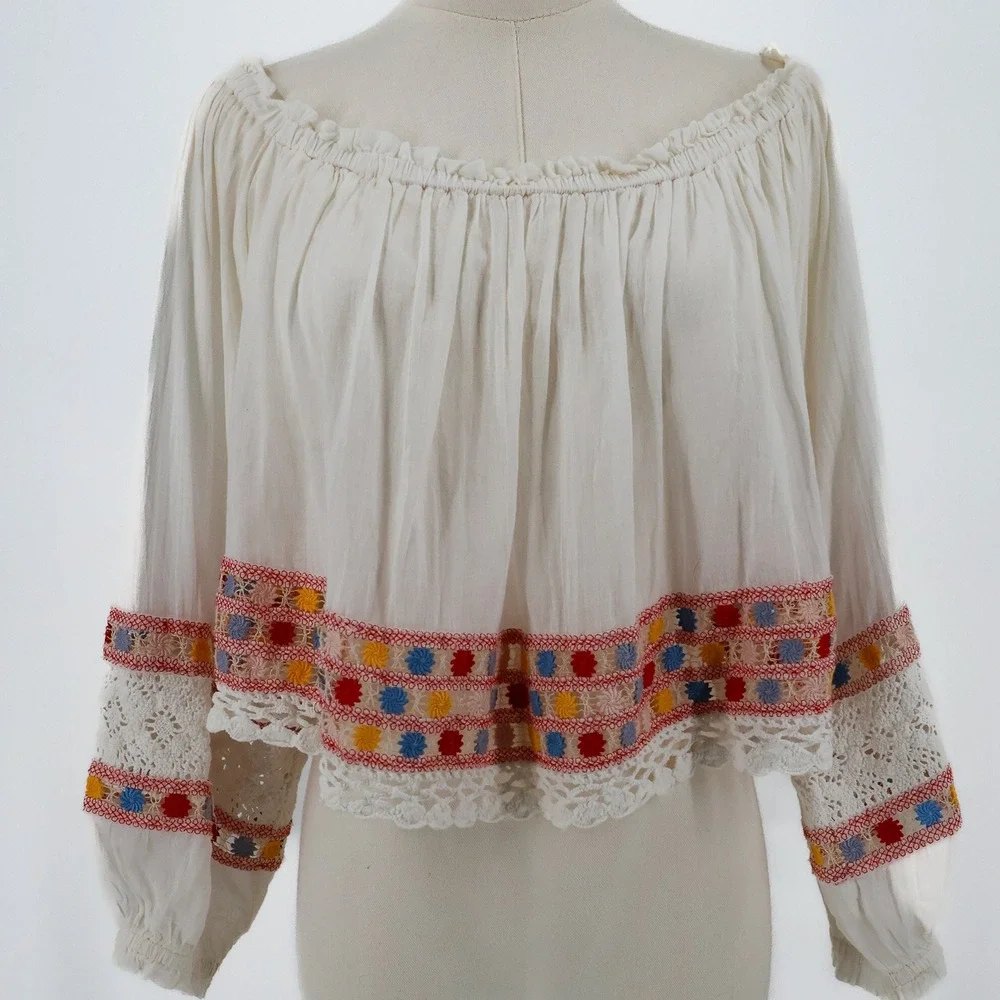 Free People Peasant Top Womens Embroidered Boho Crop Small Ivory India